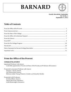 BARNARD Faculty Newsletter September Vol. 36 No. 1 September 5, 2012  Table of Contents