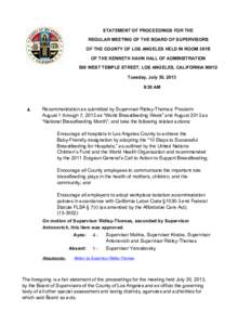 STATEMENT OF PROCEEDINGS FOR THE REGULAR MEETING OF THE BOARD OF SUPERVISORS OF THE COUNTY OF LOS ANGELES HELD IN ROOM 381B OF THE KENNETH HAHN HALL OF ADMINISTRATION 500 WEST TEMPLE STREET, LOS ANGELES, CALIFORNIA 90012