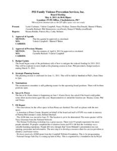 PEI Family Violence Prevention Services, Inc. Board Meeting May 4, [removed]:30-8:30pm) Location: FVPS Office, Charlottetown, PE* *Moved from Summerside as the EP office space was not ready Present: