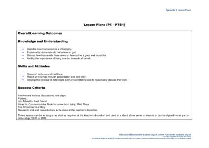 Appendix 2 Lesson Plans  Lesson Plans (P4 – P7/S1) Overall Learning Outcomes Knowledge and Understanding •