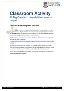 Classroom Activity 10 Big Question: How did the Universe begin? Using the electromagnetic spectrum The Sun’s infrared rays warm our bodies while the visible light it emits allows our eyes to see the world around us. We