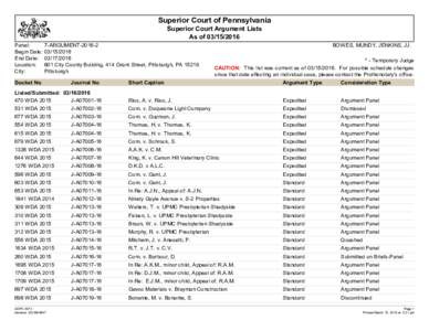 Superior Court of Pennsylvania Superior Court Argument Lists As ofPanel: Begin Date: End Date: