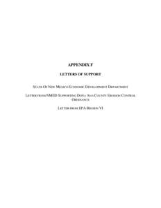 APPENDIX F LETTERS OF SUPPORT STATE OF NEW MEXICO ECONOMIC DEVELOPMENT DEPARTMENT LETTER FROM NMED SUPPORTING DOÑA ANA COUNTY EROSION CONTROL ORDINANCE