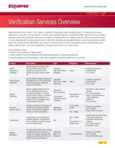 VERIFICATION SERVICES  Verification Services Overview Equifax Verification Services offers a 100% solution for verification of employment, income, identity and assets. The employment and income verifications are sourced 