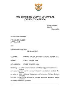 THE SUPREME COURT OF APPEAL OF SOUTH AFRICA Case number : [removed]Reportable