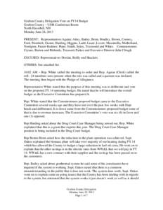 Grafton County Delegation Vote on FY14 Budget Grafton County ~ UNH Conference Room North Haverhill, NH Monday June 24, 2013 PRESENT: Representatives Aguiar, Almy, Bailey, Benn, Bradley, Brown, Cooney, Ford, Friedrich, Gi