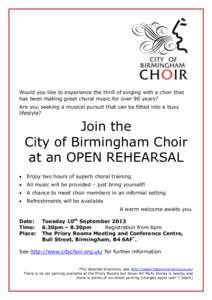 Would you like to experience the thrill of singing with a choir that has been making great choral music for over 90 years? Are you seeking a musical pursuit that can be fitted into a busy lifestyle?  Join the