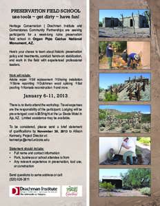 PRESERVATION FIELD SCHOOL use tools ~ get dirty ~ have fun! Heritage Conservation | Drachman Institute and Cornerstones Community Partnerships are seeking participants for a week-long ruins preservation field school in O