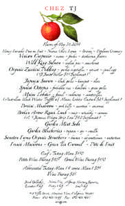 CHEZ TJ  Flavors of May 31, 2014 Honey Lavender Pain au Lait ~ Nicoise Olive Levain ~ Brioche ~ Petaluma Creamery Venison Carpaccio ~ sesame ~ fondue ~ steakhouse flavors Wild King Salmon ~ english peas ~ sauerkraut