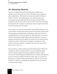 Vermont Department of Health Air Sampling Results Air Sampling Results Using nine air sampling stations, the Vermont Department of Health assesses radioactivity in the air around Vermont Yankee. The locations of the air 