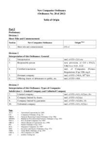 New Companies Ordinance (Ordinance No. 28 of[removed]Table of Origin Part I Preliminary