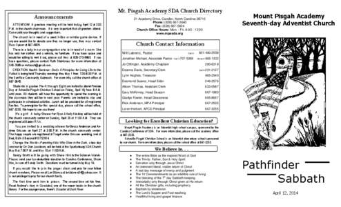 Mt. Pisgah Academy SDA Church Directory Announcements ATTENTION! A greeters meeting will be held today, April 12 at 2:00