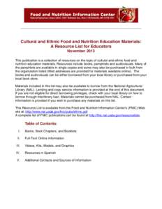 Cultural and Ethnic Food and Nutrition Education Materials: A Resource List for Educators
