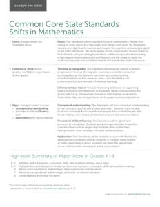 Common Core State Standards Shifts in Mathematics 1. Focus strongly where the Standards focus  Focus: The Standards call for a greater focus in mathematics. Rather than