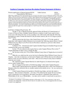 Southern Campaign American Revolution Pension Statements & Rosters Pension application of Samuel Jackson R5529 Transcribed by Will Graves Vashti Jackson