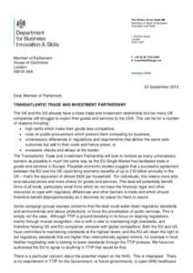 Vince Cable letter to All MPs  dated 22 september 2014 on TTIP