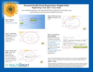 Personal Health Portal Registration Helpful Hints Registering is fast. Just 5 easy steps! Get started by going to the State Health Plan website at www.shpnc.org and clicking on the Personal Health Portal icon.