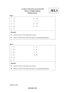 Territory-wide System Assessment 2012 Primary 3 English Language Marking Scheme Part 1 1.