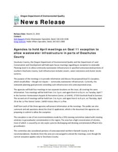 Oregon Department of Environmental Quality  News Release Release Date: March 23, 2015 Contact: Bob Baggett,Onsite Wastewater Specialist, Bend, 