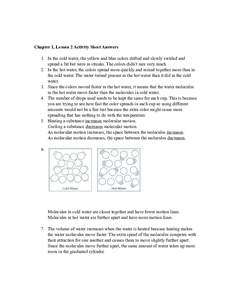 Chapter 1, Lesson 2 Activity Sheet Answers 1. In the cold water, the yellow and blue colors drifted and slowly swirled and spread a bit but were in streaks. The colors didn’t mix very much. 2. In the hot water, the col