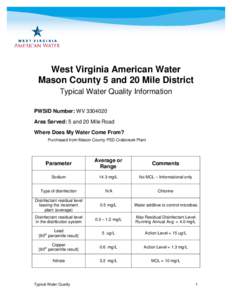 West Virginia American Water Mason County 5 and 20 Mile District Typical Water Quality Information PWSID Number: WV[removed]Area Served: 5 and 20 Mile Road Where Does My Water Come From?