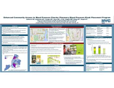 Enhanced Community Access to Blood Pressure Checks: Pharmacy Blood Pressure Kiosk Placement Program Guthartz SDa, Goldstein GPa, Vaughn BCa, Daya SMa, Yi SSa, Duggal RMb, Walsh EFc, Angell SYa a New York City Department 