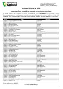 PREFEITURA DO MUNICÍPIO DE CUIABÁ SECRETARIA MUNICIPAL DE SAÚDE EDITAL N° 01, DE 29 DE OUTUBRO DE 2014 Secretaria Municipal de Saúde HOMOLOGAÇÃO DE INSCRIÇÃO NA CONDIÇÃO DE PESSOA COM DEFICIÊNCIA