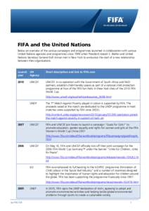 FIFA and the United Nations Below an overview of the various campaigns and programmes launched in collaboration with various United Nations agencies and programmes since 1999 when President Joseph S. Blatter and United N
