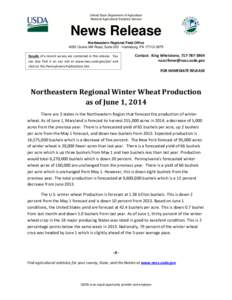 United State Department of Agriculture National Agricultural Statistics Service News Release Northeastern Regional Field Office 4050 Crums Mill Road, Suite 203 · Harrisburg, PA[removed]