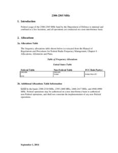 [removed]MHz 1. Introduction Federal usage of the[removed]MHz band by the Department of Defense is minimal and confined to a few locations, and all operations are conducted on a non-interference basis.  2. Allocations