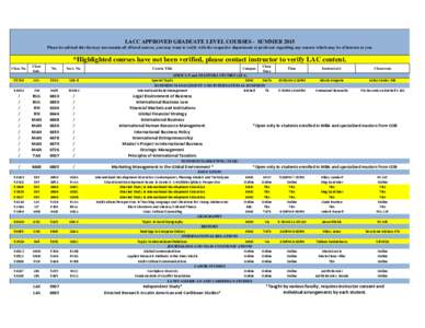 LACC APPROVED GRADUATE LEVEL COURSES - SUMMER 2015 Please be advised this list may not contain all offered courses, you may want to verify with the respective department or professor regarding any courses which may be of