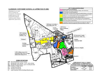 KEY TO HIGHLIGHTED AREAS  SADSBURY TOWNSHIP ZONING AS APPROVED IN 2001 Areas of existing new development (Quarry Ridge >150 homes and Sadsbury Village >140 Townhomes)