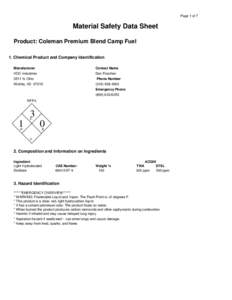 Page 1 of 7  Material Safety Data Sheet Product: Coleman Premium Blend Camp Fuel 1. Chemical Product and Company Identification Manufacturer