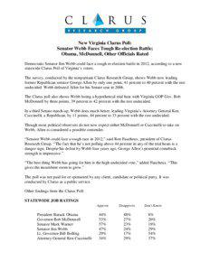 New Virginia Clarus Poll: Senator Webb Faces Tough Re-election Battle; Obama, McDonnell, Other Officials Rated