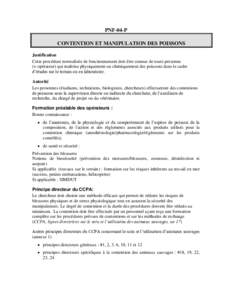 PNF-04-P CONTENTION ET MANIPULATION DES POISSONS Justification Cette procédure normalisée de fonctionnement doit être connue de toute personne (= opérateur) qui maîtrise physiquement ou chimiquement des poissons dan