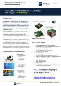 Making Wi-Fi Connectivity easy on Microcontroller platforms PageProduct Brief SPB4100 Wireless LAN Module