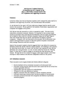 October 27, 2005 Anti-Spyware Coalition Summary of comments and ASC response on the July 11, 2005 Public Comment Draft of the ASC Definitions and Supporting Documents Summary