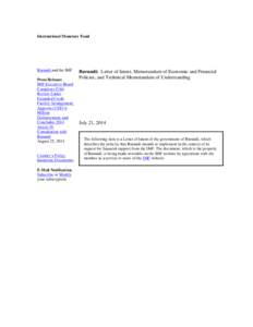 Burundi: Letter of Intent, Memorandum of Economic and Financial Policies, and Technical Memorandum of Understanding, July 21, 2014