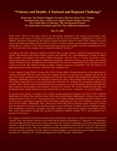 “Violence and Health: A National and Regional Challenge” Moderator: Ms. Patricia Giggans, Executive Director, Peace Over Violence Panelists: Hon. Steve Cooley, Los Angeles County District Attorney Ms. Connie Rice, Co