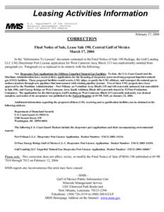Leasing Activities Information U.S. Department of the Interior Minerals Management Service Gulf of Mexico OCS Region  February 27, 2004