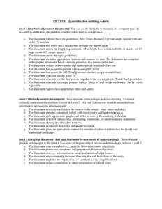 CS 1173: Quantitative writing rubric Level 1 (mechanically correct documents): You can easily check these elements (by computer) and do not need to understand the problem to achieve this level of competence. a. The docum