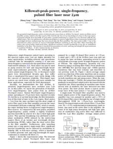 June 15, [removed]Vol. 36, No[removed]OPTICS LETTERS[removed]Killowatt-peak-power, single-frequency, pulsed fiber laser near 2 μm