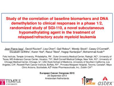 Study of the correlation of baseline biomarkers and DNA demethylation to clinical responses in a phase 1/2, randomized study of SGI-110, a novel subcutaneous hypomethylating agent in the treatment of relapsed/refractory 