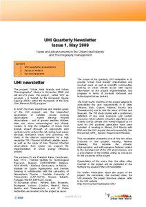 UHI Quarterly Newsletter Issue 1, May 2009 News and advancements in the Urban Heat Islands