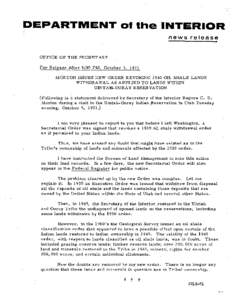 DEPARTMENT 01 the INTERIOR news release OFFICE OF THE SECRET ARY For Release After 8:30 PM, October 5, 1971 MORTON ISSUES NEW ORDER REVOKING 1930 OIL SHALE LANDS