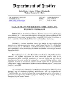United States Attorney William J. Hochul, Jr. Western District of New York FOR IMMEDIATE RELEASE OCTOBER 31, 2012  www.usdoj.gov/usao/nyw