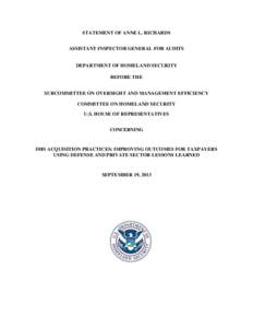STATEMENT OF ANNE L. RICHARDS ASSISTANT INSPECTOR GENERAL FOR AUDITS DEPARTMENT OF HOMELAND SECURITY BEFORE THE SUBCOMMITTEE ON OVERSIGHT AND MANAGEMENT EFFICIENCY