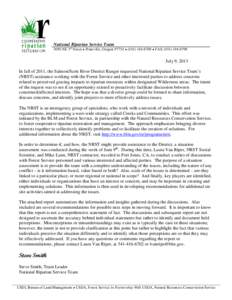 National Riparian Service Team 3050 NE 3rd Street ● Prineville, Oregon 97754 ● ([removed] ● FAX[removed]July 9, 2013 In fall of 2011, the Salmon/Scott River District Ranger requested National Riparian Se