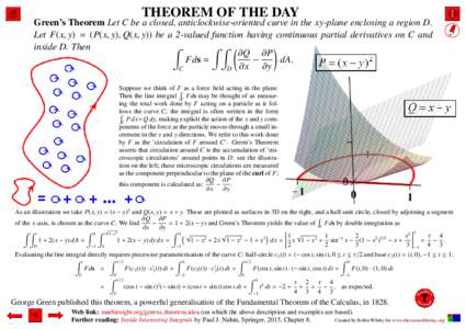THEOREM OF THE DAY  Green’s Theorem Let C be a closed, anticlockwise-oriented curve in the xy-plane enclosing a region D. Let F(x, y) = (P(x, y), Q(x, y)) be a 2-valued function having continuous partial derivatives on