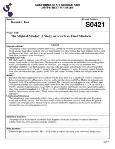 CALIFORNIA STATE SCIENCE FAIR 2014 PROJECT SUMMARY Name(s)  Roshini N. Ravi